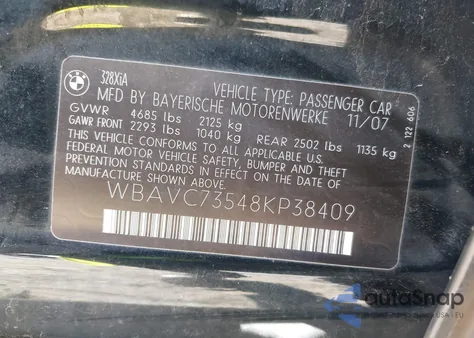 2008 BMW 328Xi z USA, uszkodzony, nr VIN WBAVC73548KP38409
